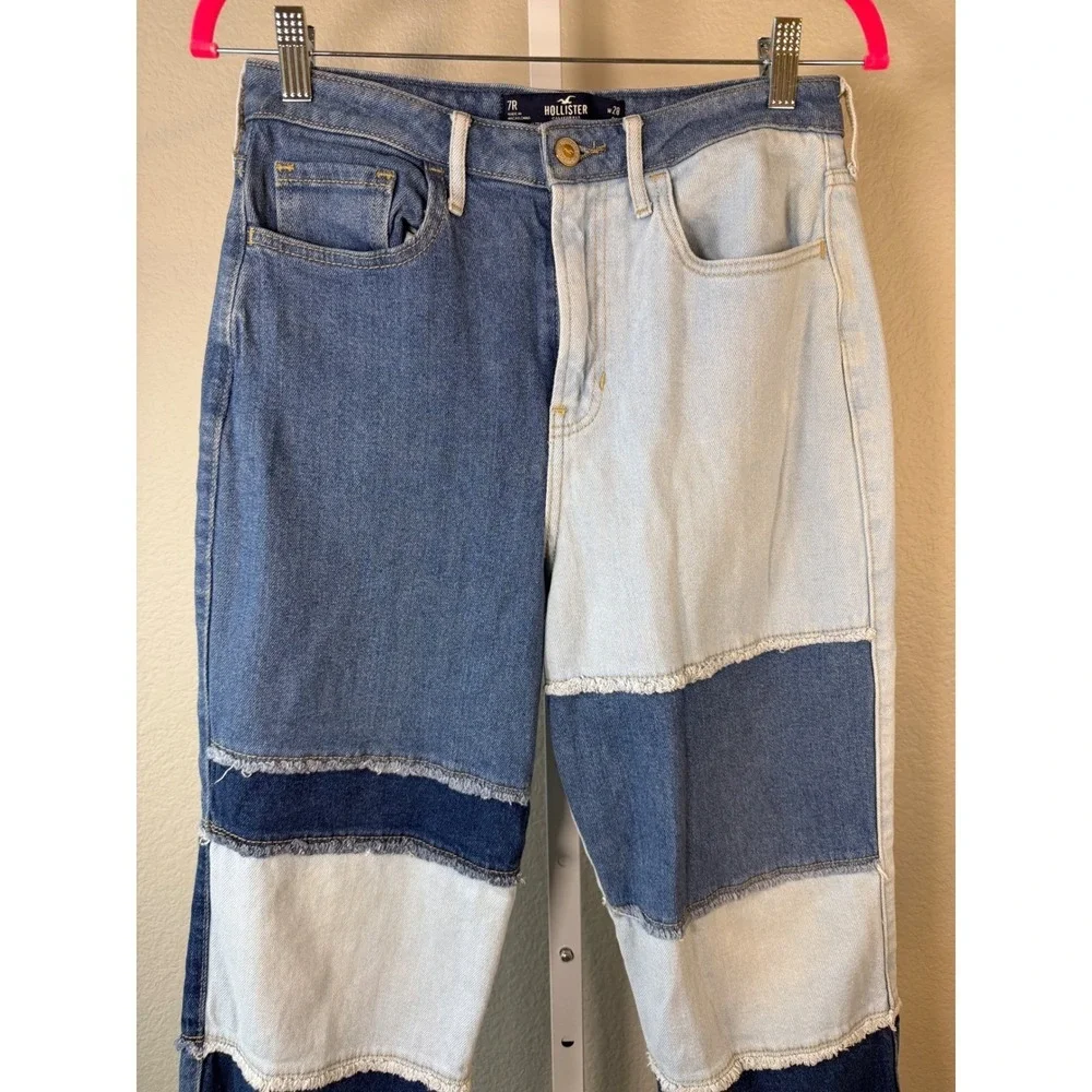 Hollister Ultra High-Rise Vintage Straight Patchwork Jeans Blue Multi Size 7R 28 - Picture 3 of 10